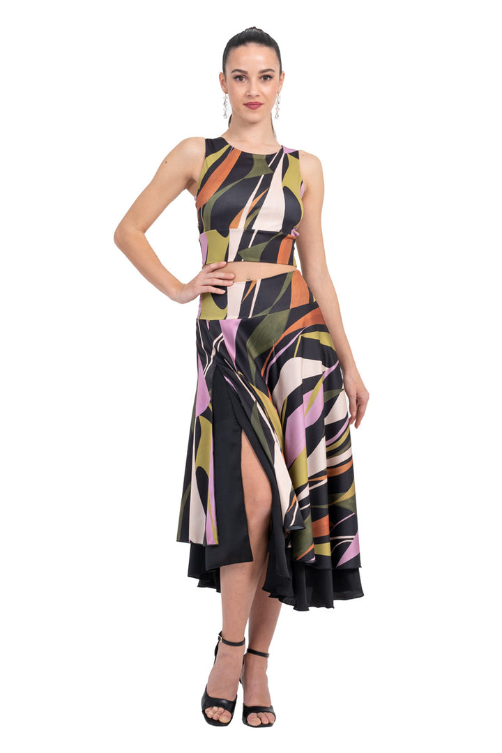 Abstract Print Sleeveless Crop Top With Side Cutouts