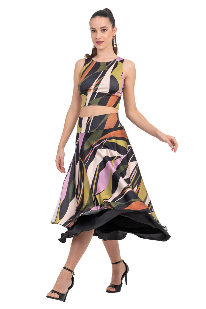 Abstract Print Two-layer Satin Dance Skirt