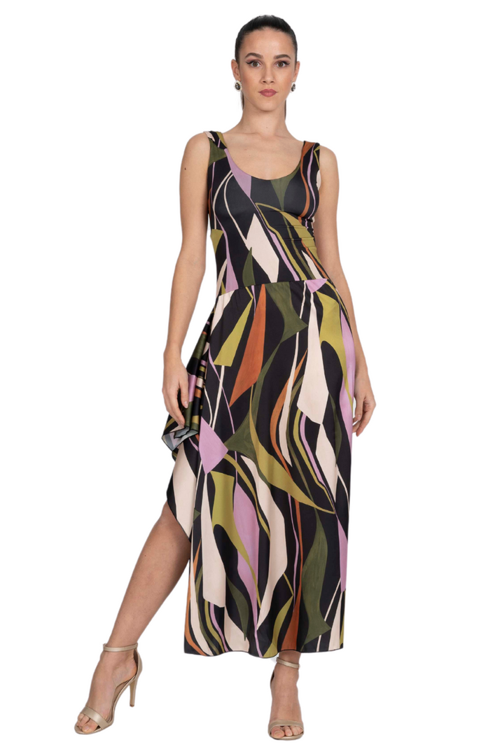 Abstract Print Tie Keyhole Back Tango Dress With Side Draping