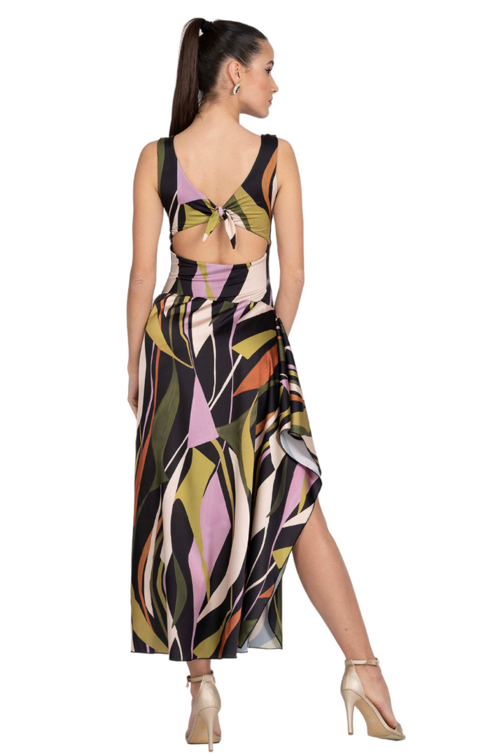 Abstract Print Tie Keyhole Back Tango Dress With Side Draping