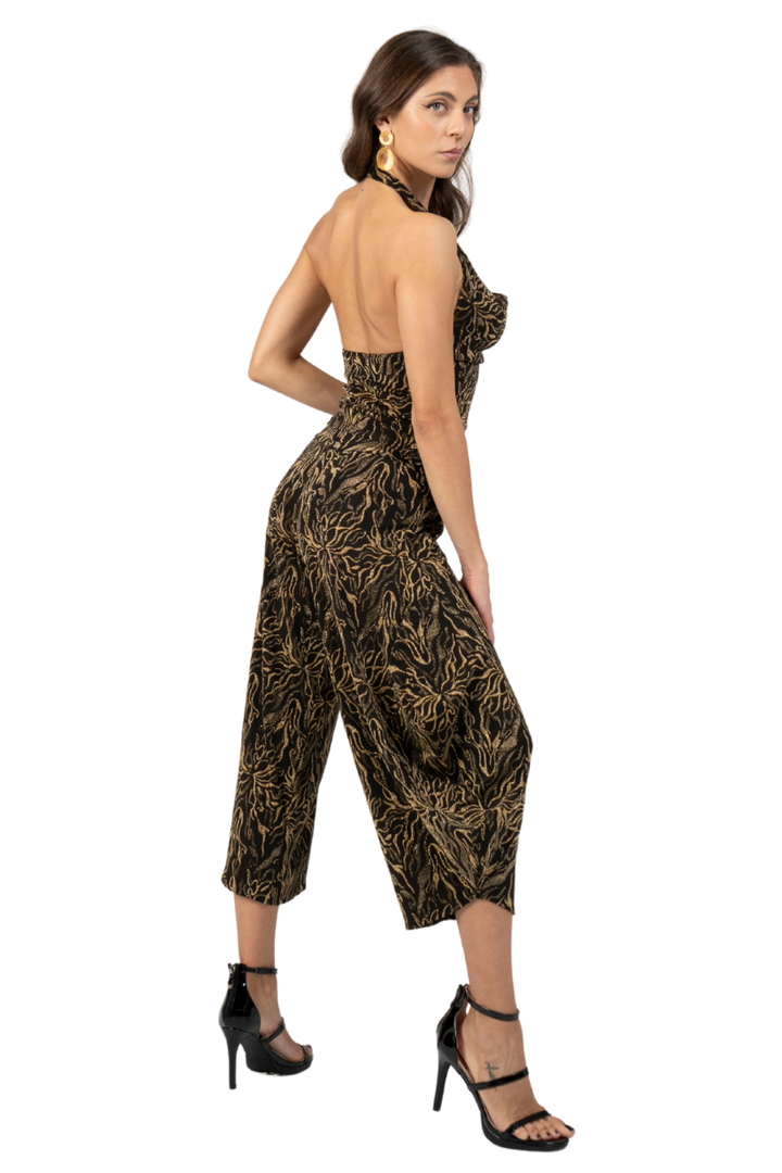 Abstract Vines Print Draped Halter Neck Dance Top