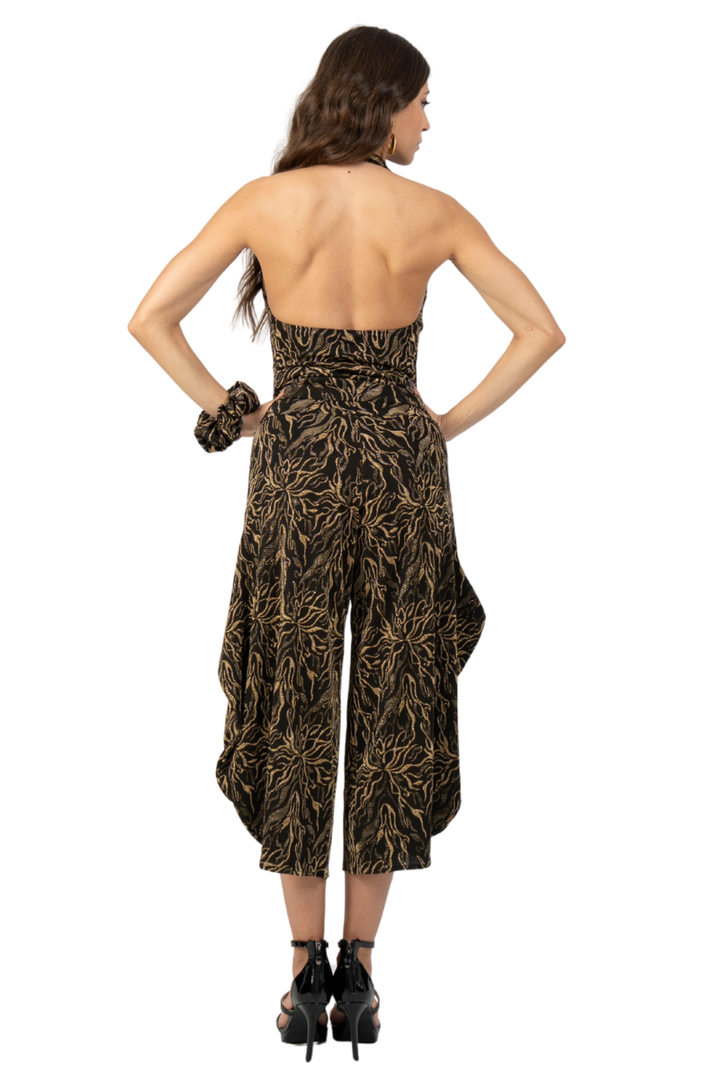 Abstract Vines Print Draped Halter Neck Dance Top