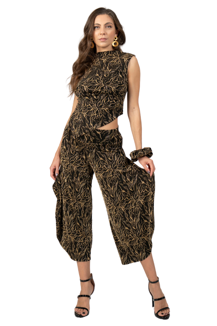 Abstract Vines Print Cropped Gathered Pants