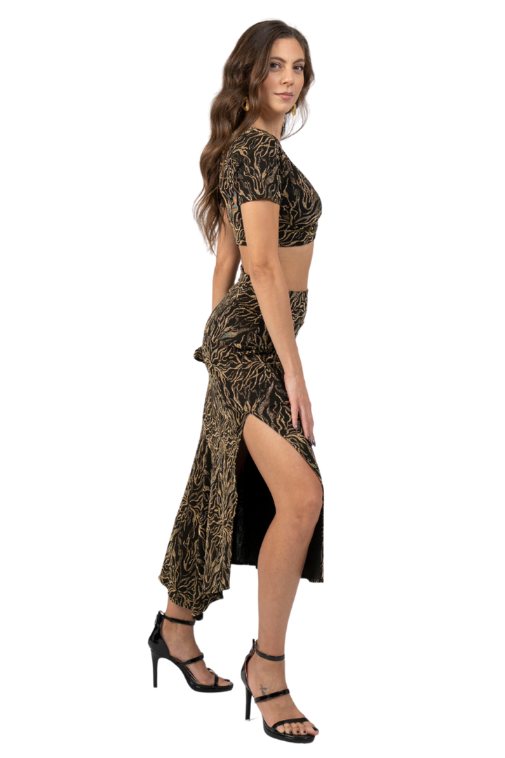 Abstract Vines Print Midi Skirt With Side Slit