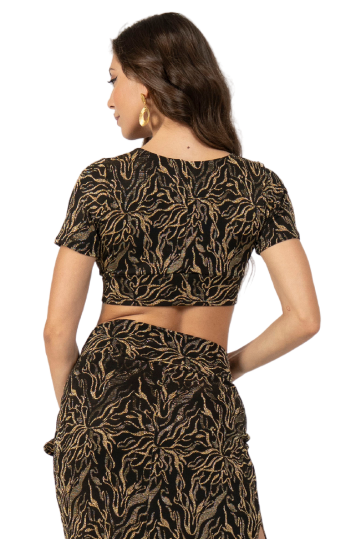 Abstract Vines Print Short Sleeve Bralette Top