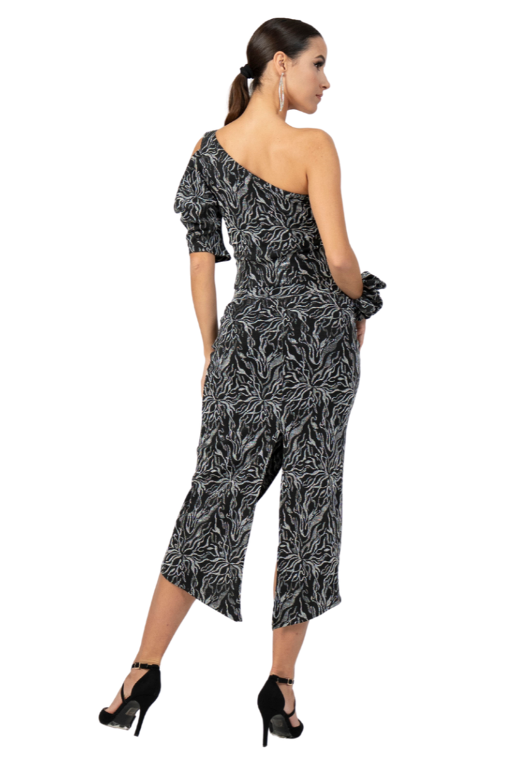 Abstract Vines Print Skirt With Curved Slit