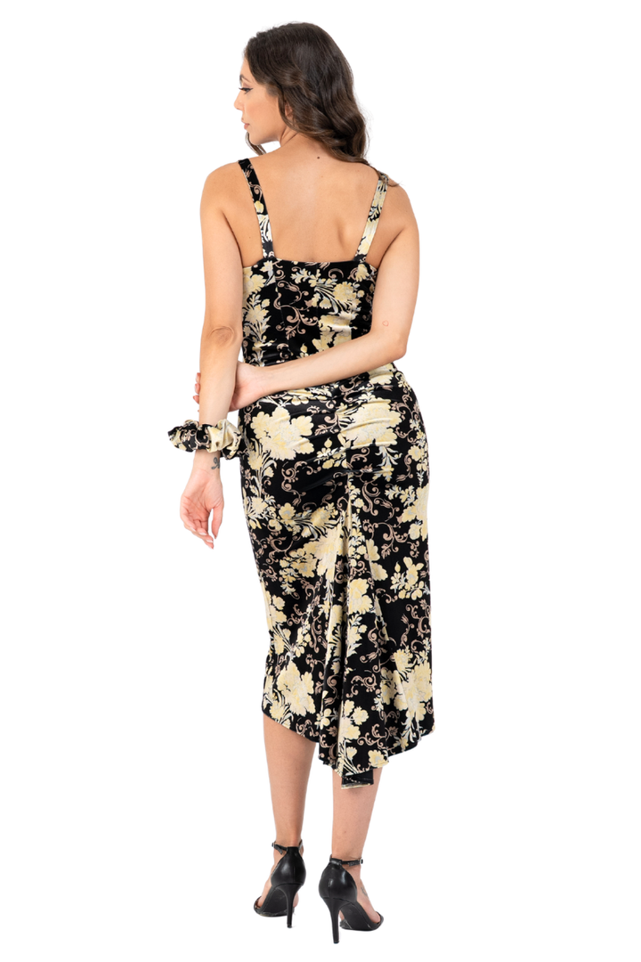 Asian Floral Print Velvet Fishtail Tango Dress