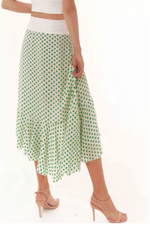Load image into Gallery viewer, Asymmetric Ruffle Hem Polka Dot Wrap Skirt