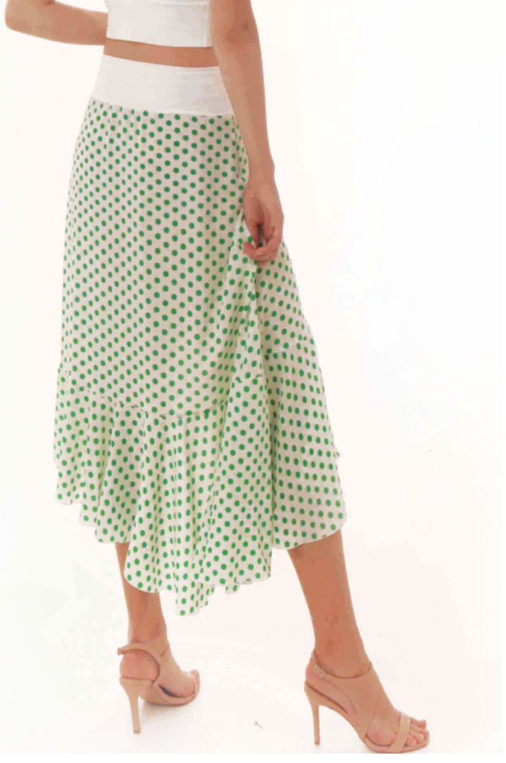 Asymmetric Ruffle Hem Polka Dot Wrap Skirt