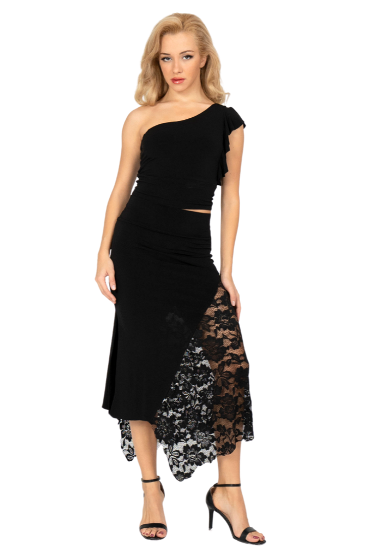 Black Asymmetric Tango Skirt With Lace Panel
