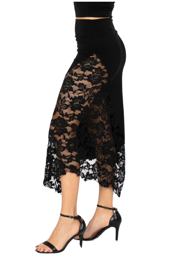 Black Asymmetric Tango Skirt With Lace Panel