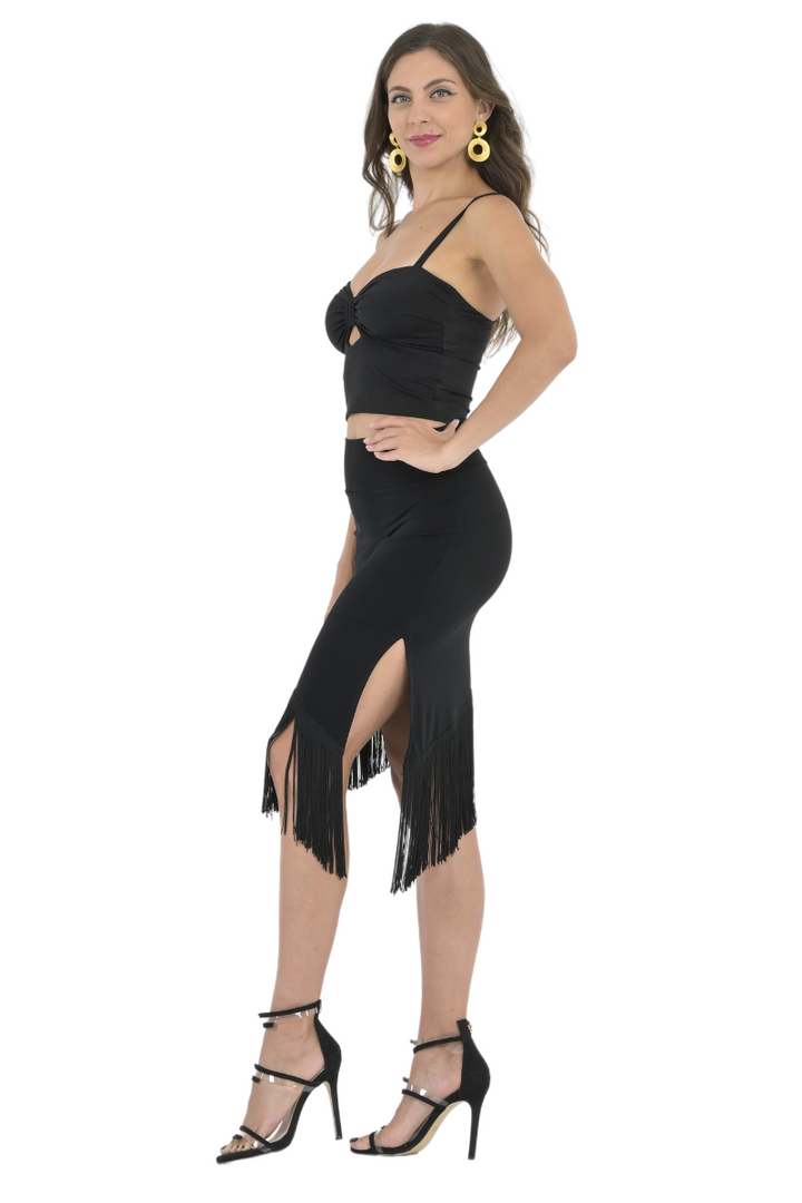 Asymmetric Tango Mini Skirt With Fringe