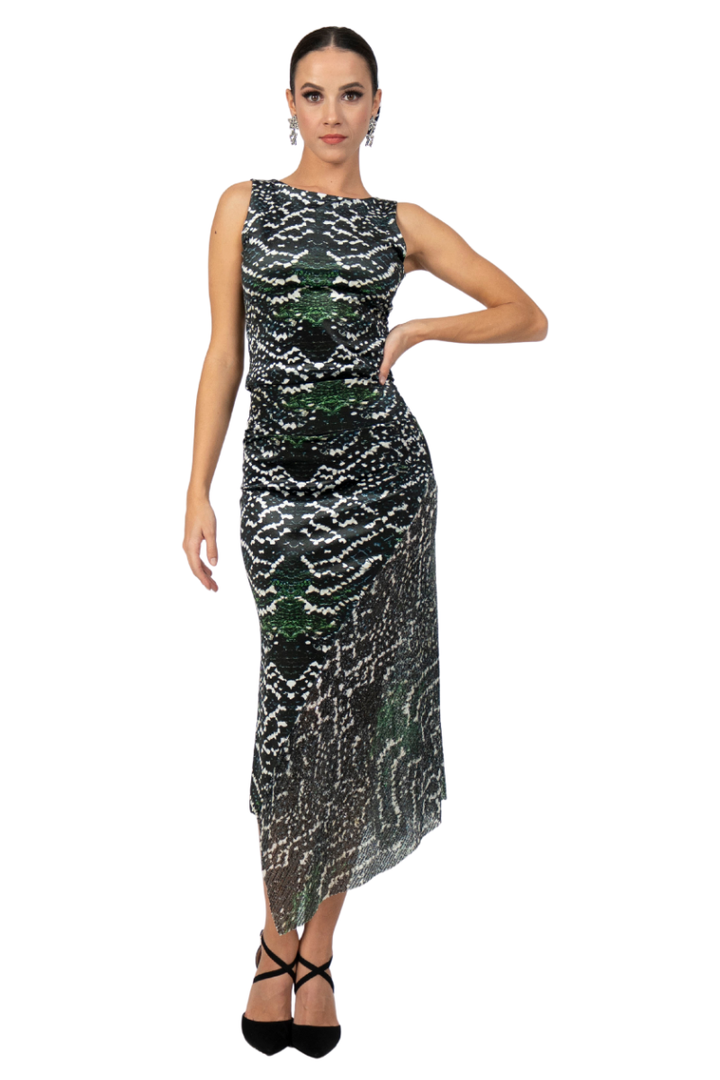  Asymmetric Snake Print Velvet Tango Skirt With Sequin
