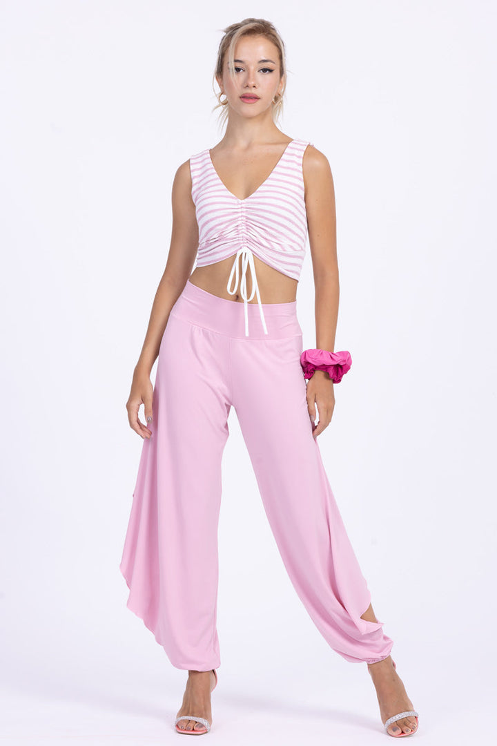 Ruched Pink And White Striped Crop Top (XS,S,M)