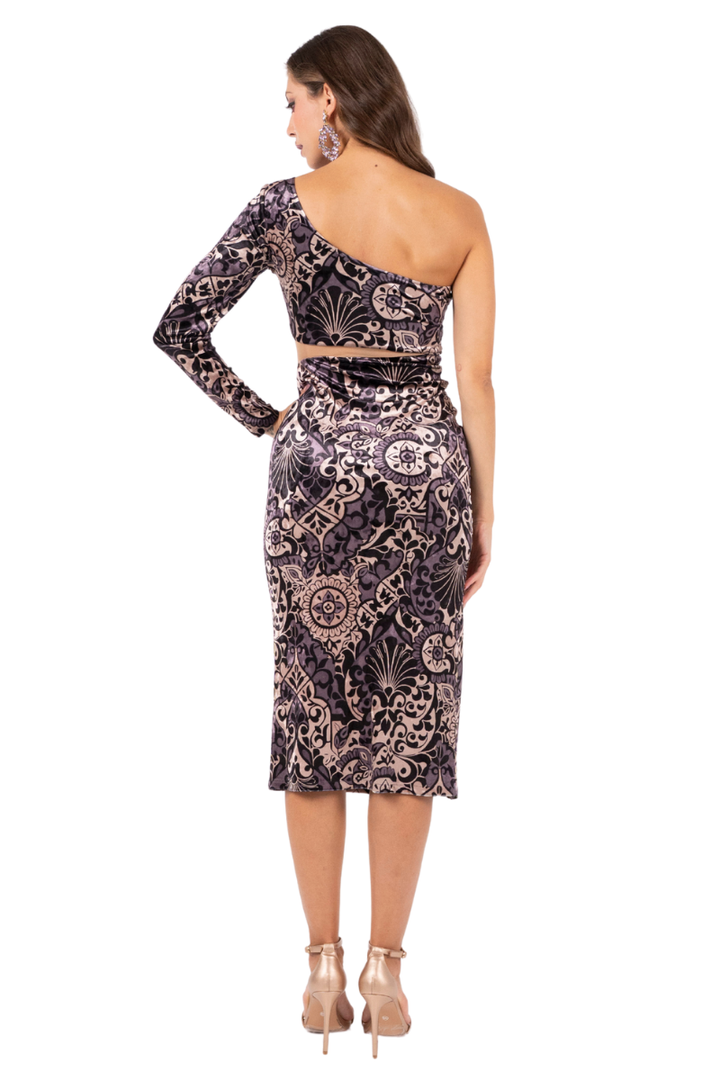 Baroque Print One-Sleeve Velvet Dress