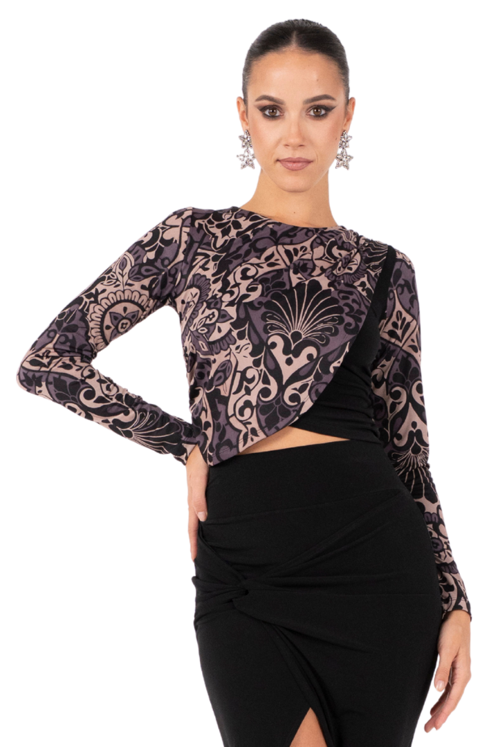 Baroque Print Overlap Long Sleeve Top