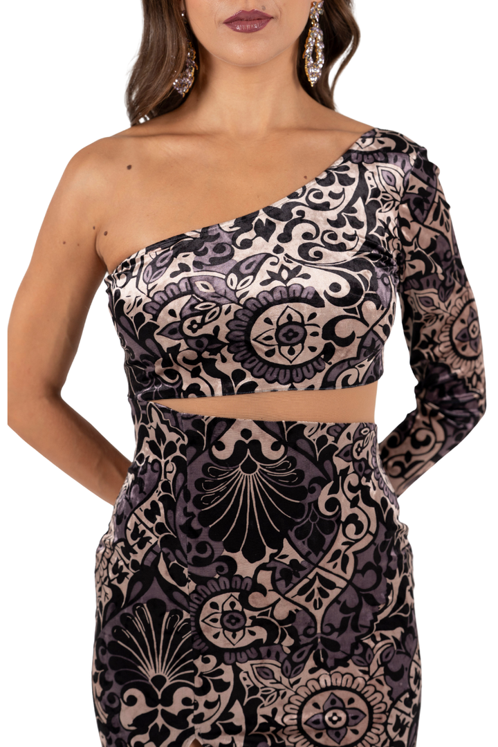 Baroque Print One-Sleeve Velvet Dress