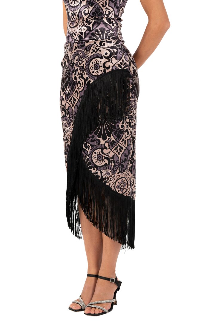 Baroque Print Velvet Wrap Skirt With Fringe