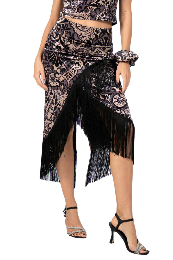 Baroque Print Velvet Wrap Skirt With Fringe