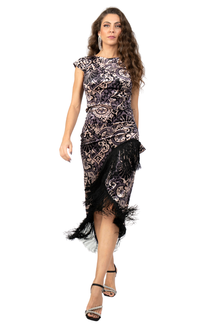 Baroque Print Velvet Wrap Skirt With Fringe