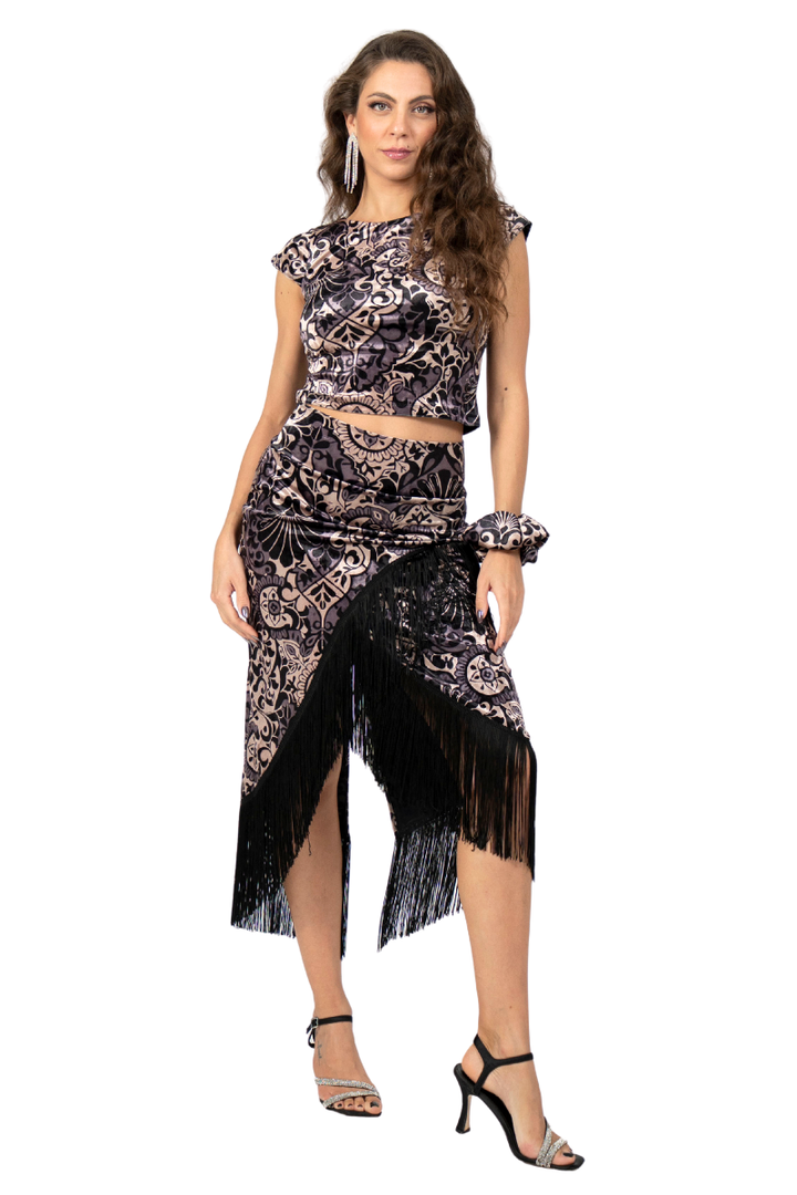 Baroque Print Velvet Wrap Skirt With Fringe