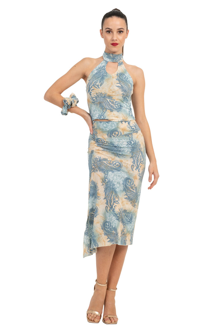 Beige & Blue Abstract Paisley Print Flowy Tango Skirt With Slits