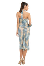 Load image into Gallery viewer, Beige &amp; Blue Abstract Paisley Print Flowy Tango Skirt With Slits
