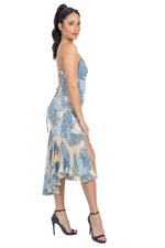 Load image into Gallery viewer, Beige &amp; Blue Abstract Paisley Print Lace-up Tango Dress
