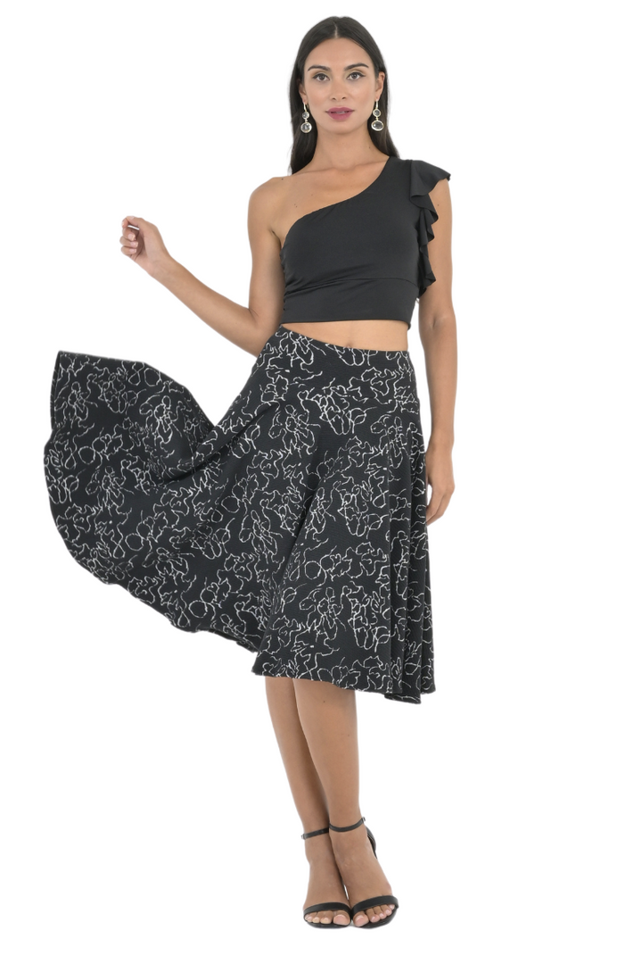 Black Abstract Line Print Full Swing Skirt