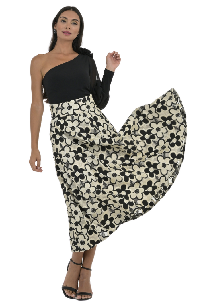 Black And Gold Floral Tulle A-Line Midi Skirt