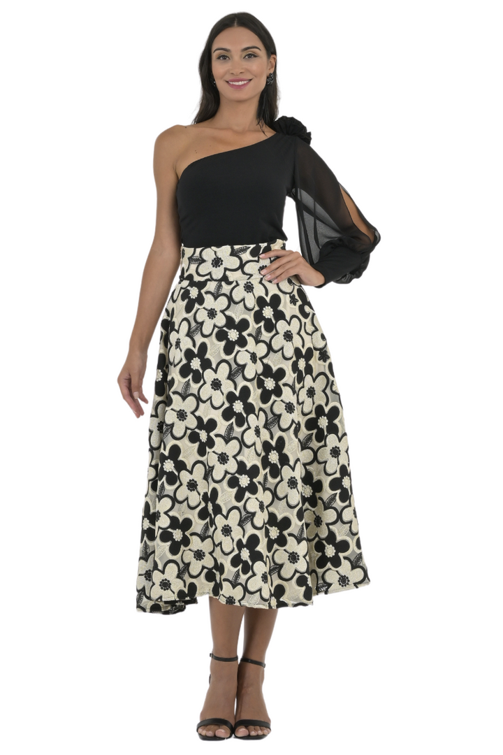 Black And Gold Floral Tulle A-Line Midi Skirt