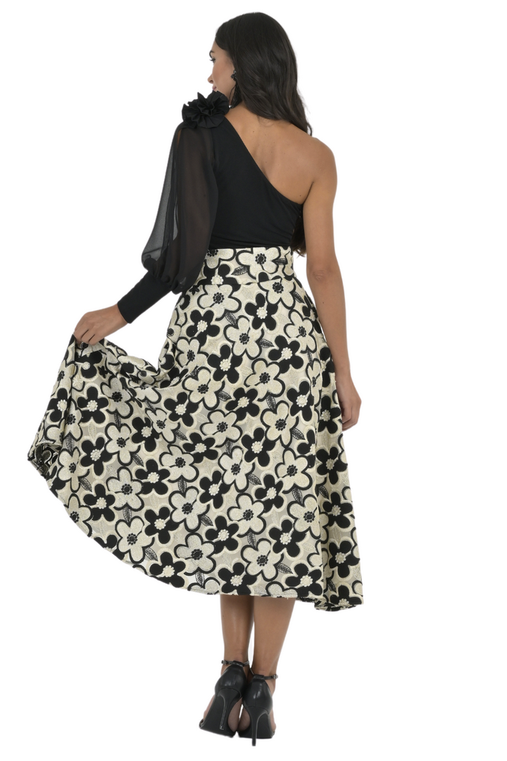 Black And Gold Floral Tulle A-Line Midi Skirt