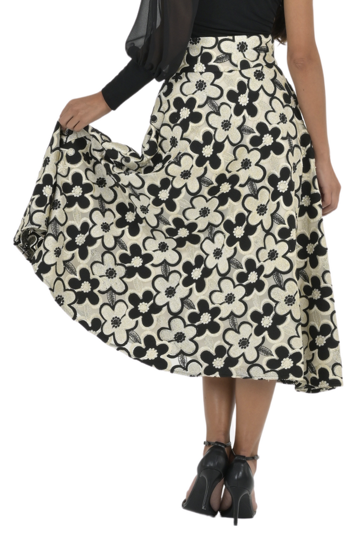 Black And Gold Floral Tulle A-Line Midi Skirt