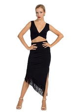Load image into Gallery viewer, Black Asymmetric Tango Skirt With Fringe