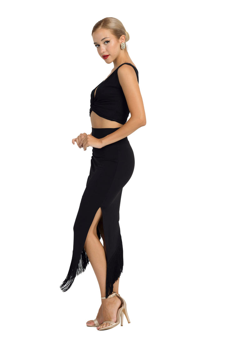 Black Asymmetric Tango Skirt With Fringe