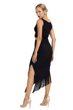 Load image into Gallery viewer, Black Asymmetric Tango Skirt With Fringe
