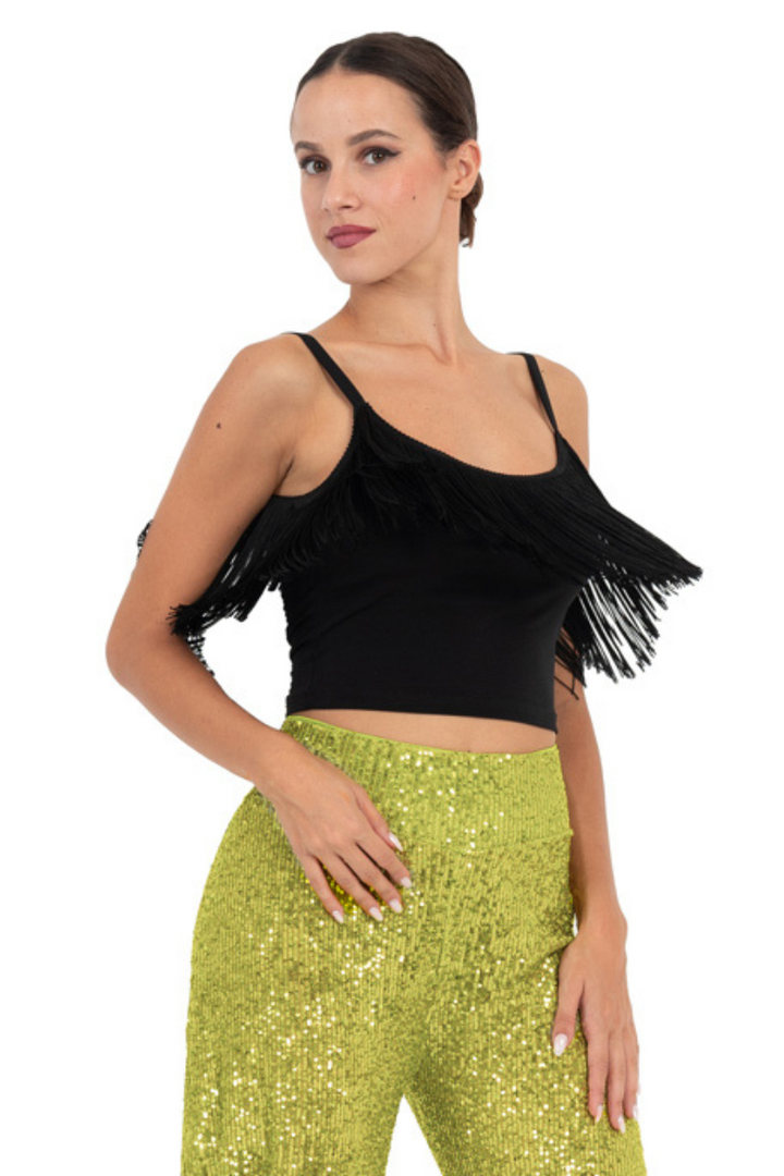 Black Crop Top With Fringe Layer