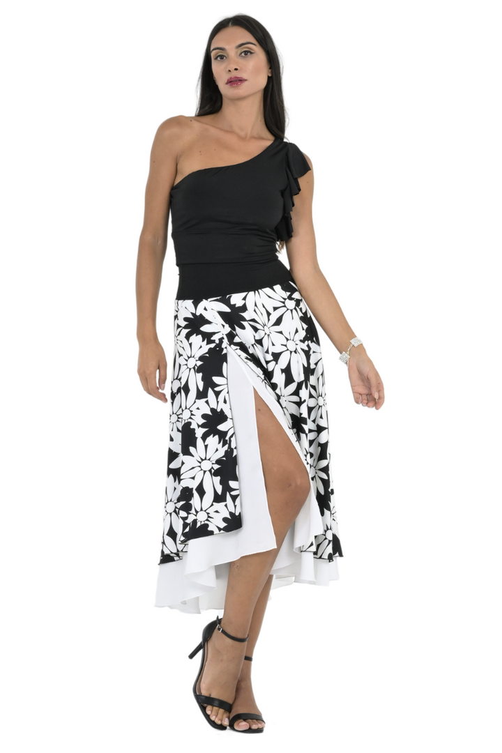 Black Floral Two-layer Satin Dance Skirt