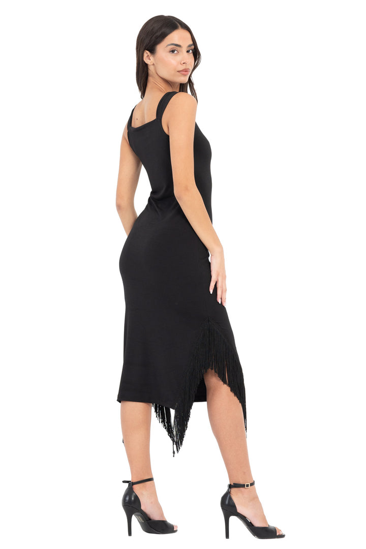 Black Fringed Midi Dress With Thick Straps
