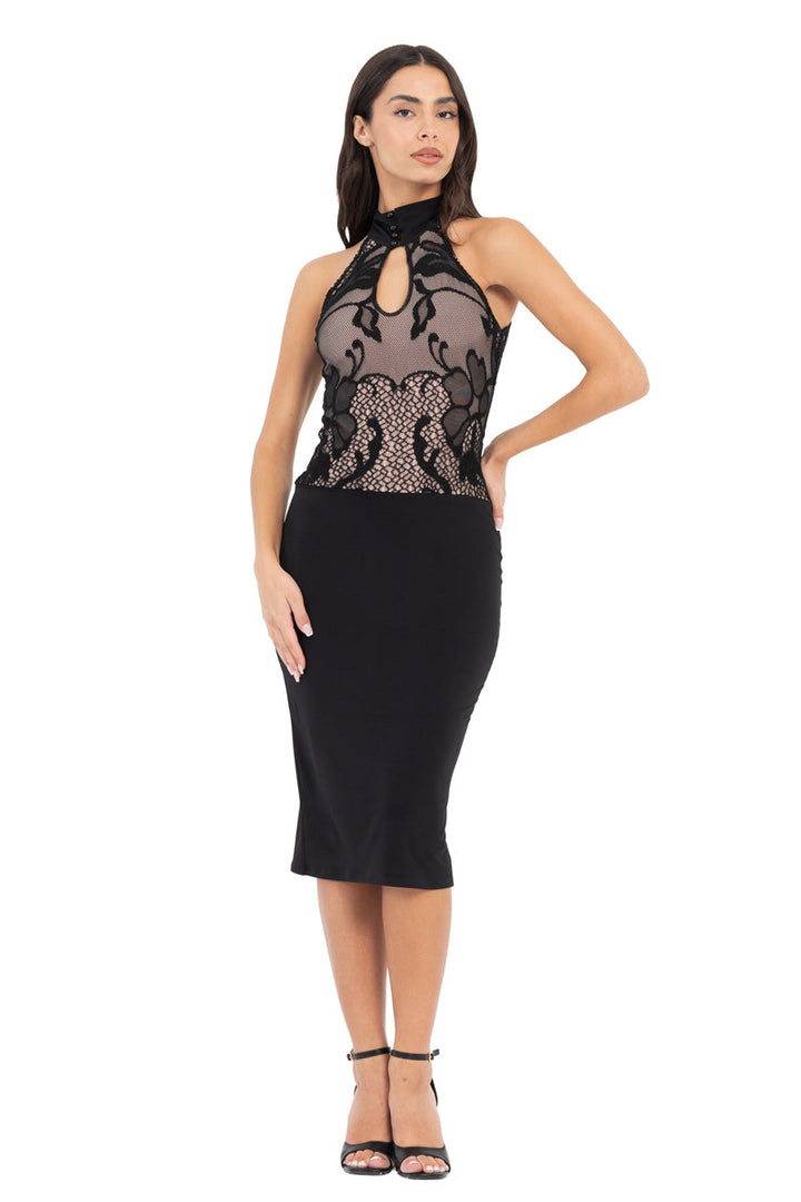Black Front Key-Hole Bodycon Dress With Lace And Back Ruffles
