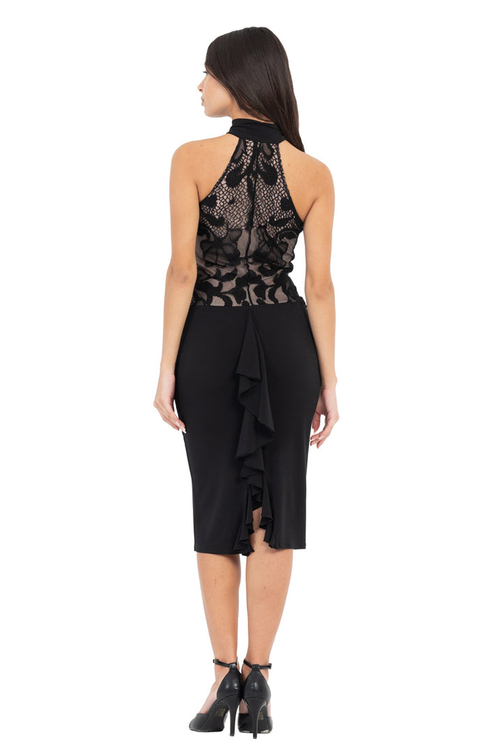 Black Front Key-Hole Bodycon Dress With Lace And Back Ruffles
