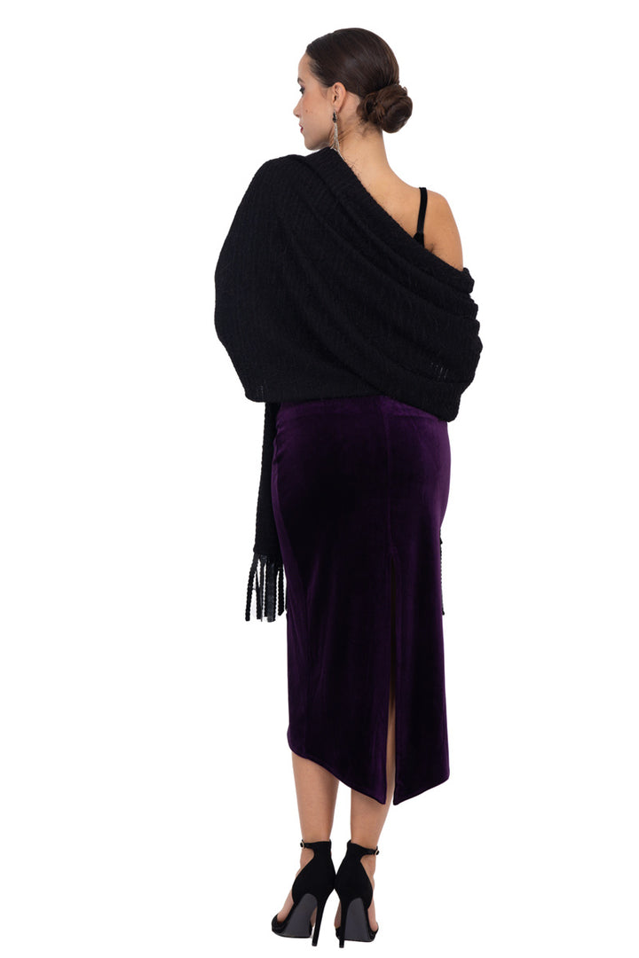 Black Knit Scarf With Faux Leather Fringe Details