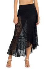 Load image into Gallery viewer, Black Lace Asymmetric Wrap Skirt With Ruffles