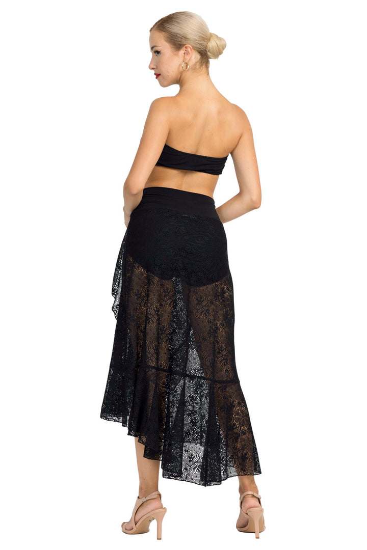 Black Lace Asymmetric Wrap Skirt With Ruffles