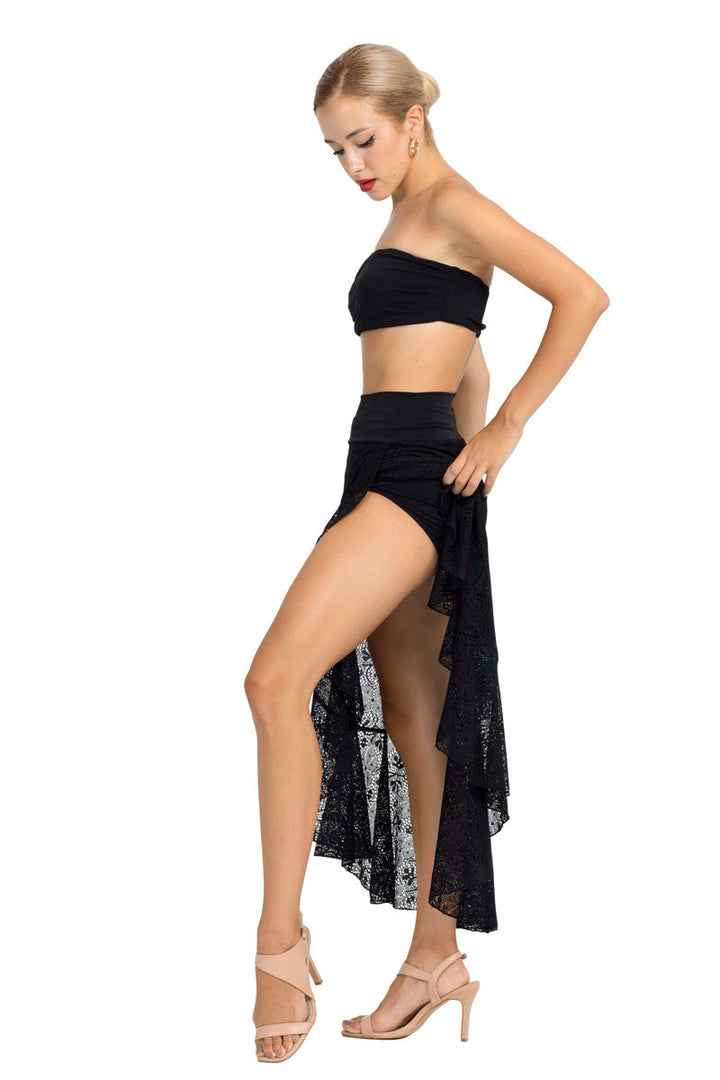 Black Lace Asymmetric Wrap Skirt With Ruffles