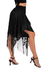 Load image into Gallery viewer, Black Lace Skirt With Side Draping &amp; Fringe
