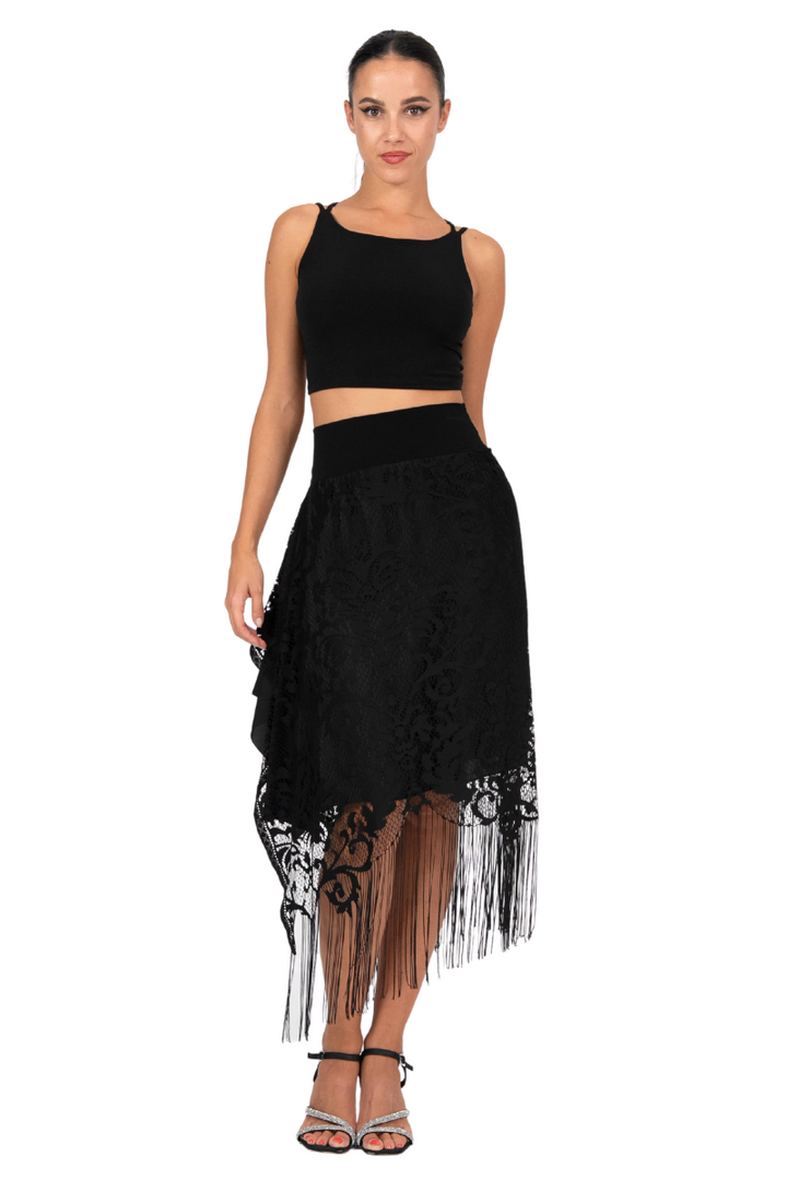 Black Lace Skirt With Side Draping & Fringe