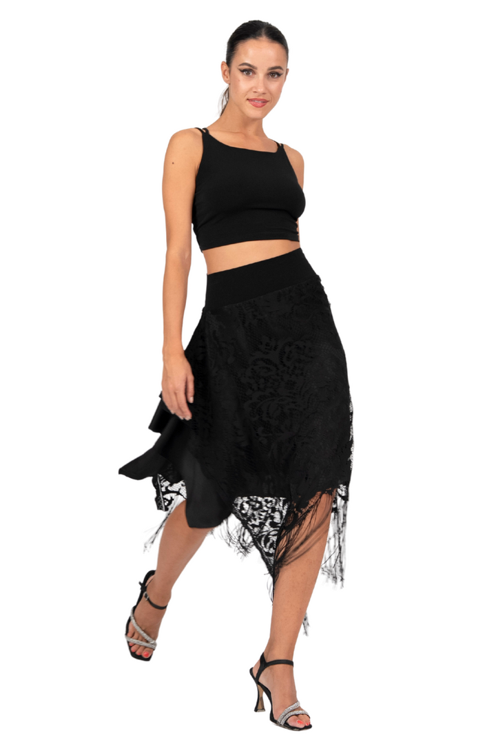 Black Lace Skirt With Side Draping & Fringe