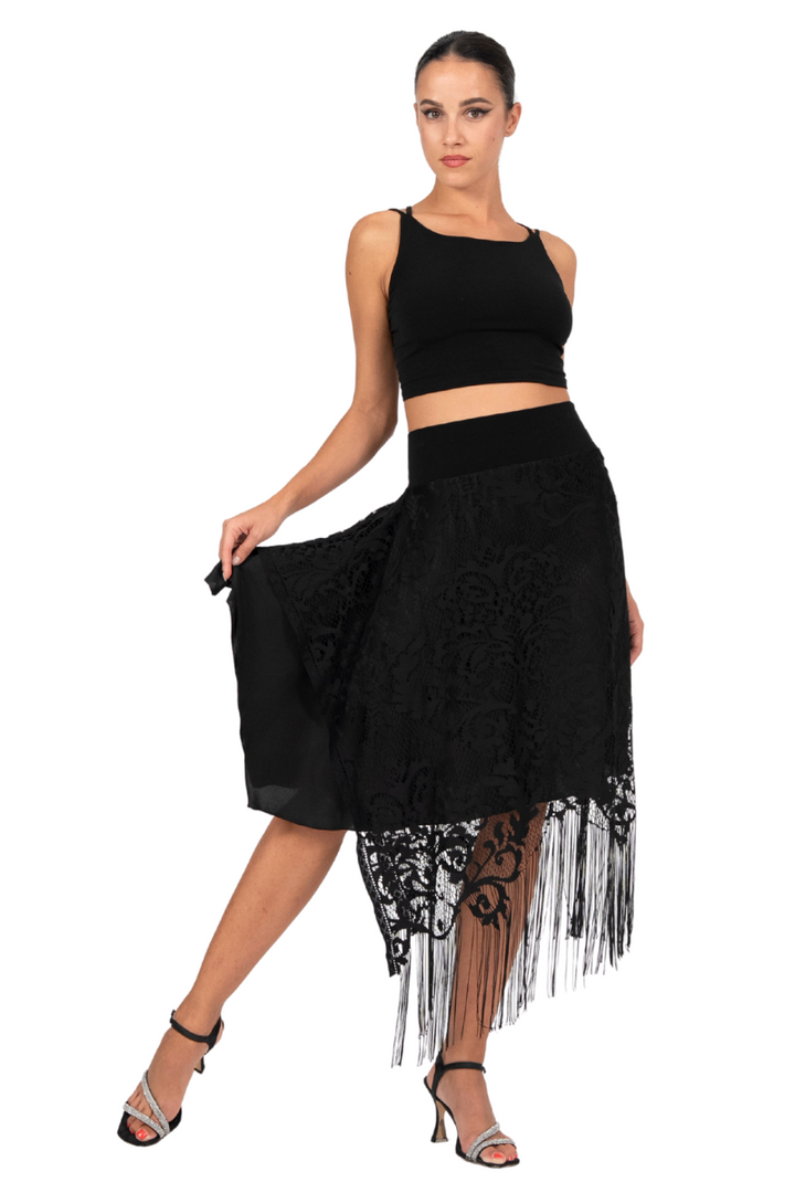 Black Lace Skirt With Side Draping & Fringe