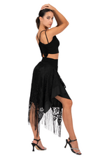 Load image into Gallery viewer, Black Lace Skirt With Side Draping &amp; Fringe
